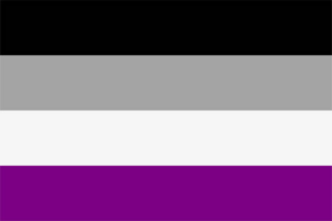Drapeau de la fierté asexuelle : bandes noire, grise, blanche et violette.